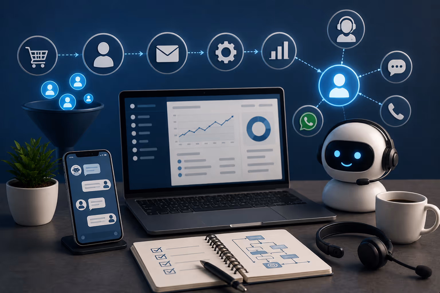 Automatización de ventas con CRM impulsado por IA, chatbots, secuencias de email, Stripe billing y analítica