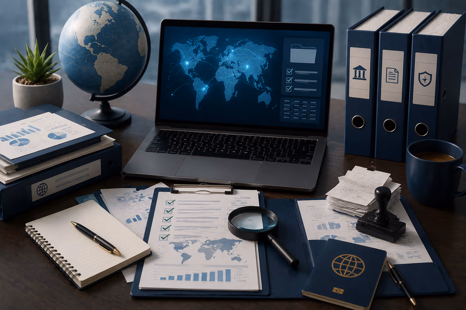 Documentos organizados con sellos de diferentes países y una lupa