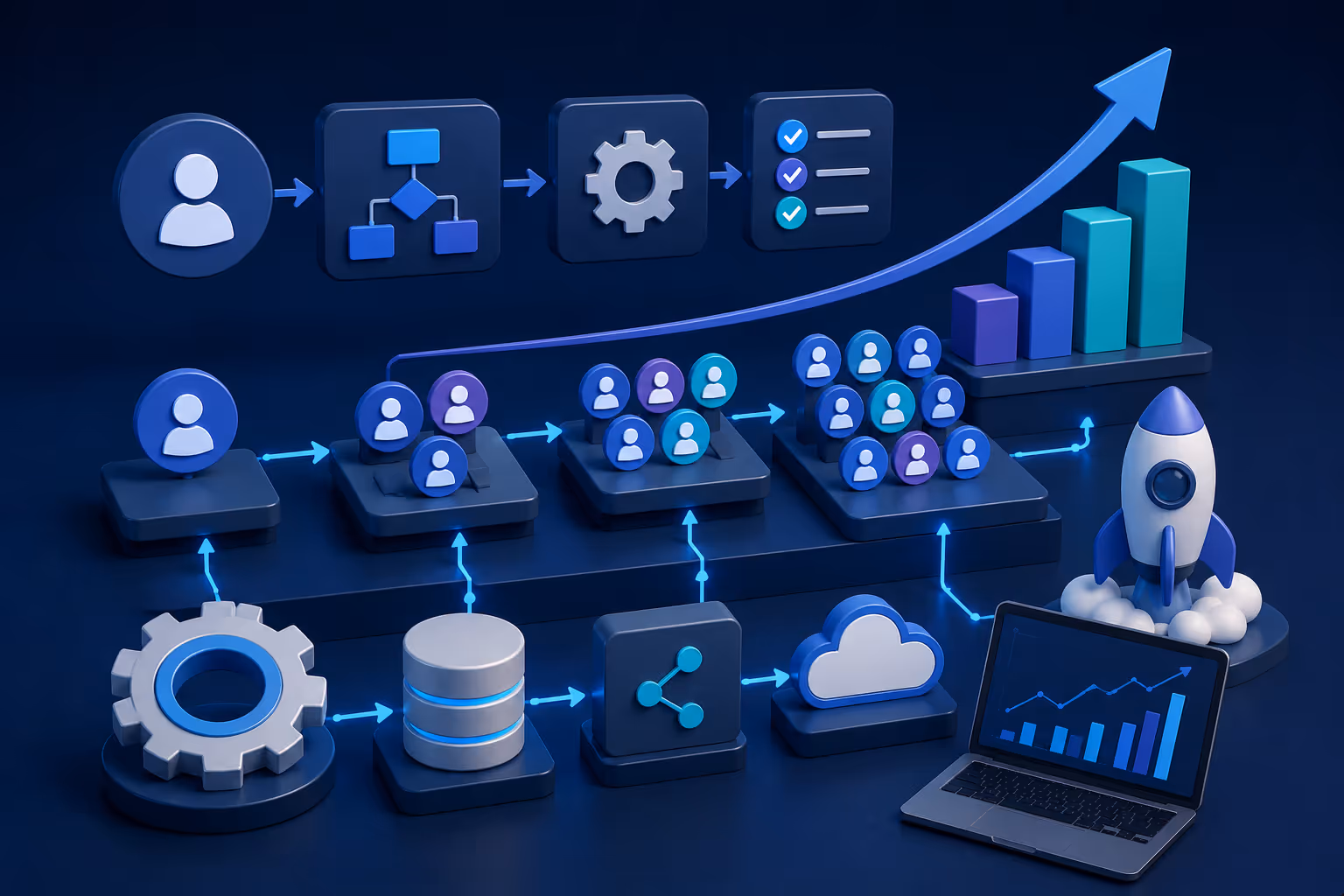 Marco de procesos escalables mostrando flujos estandarizados, capas de automatización, estructura de equipo, integración Odoo y operaciones de pago Stripe