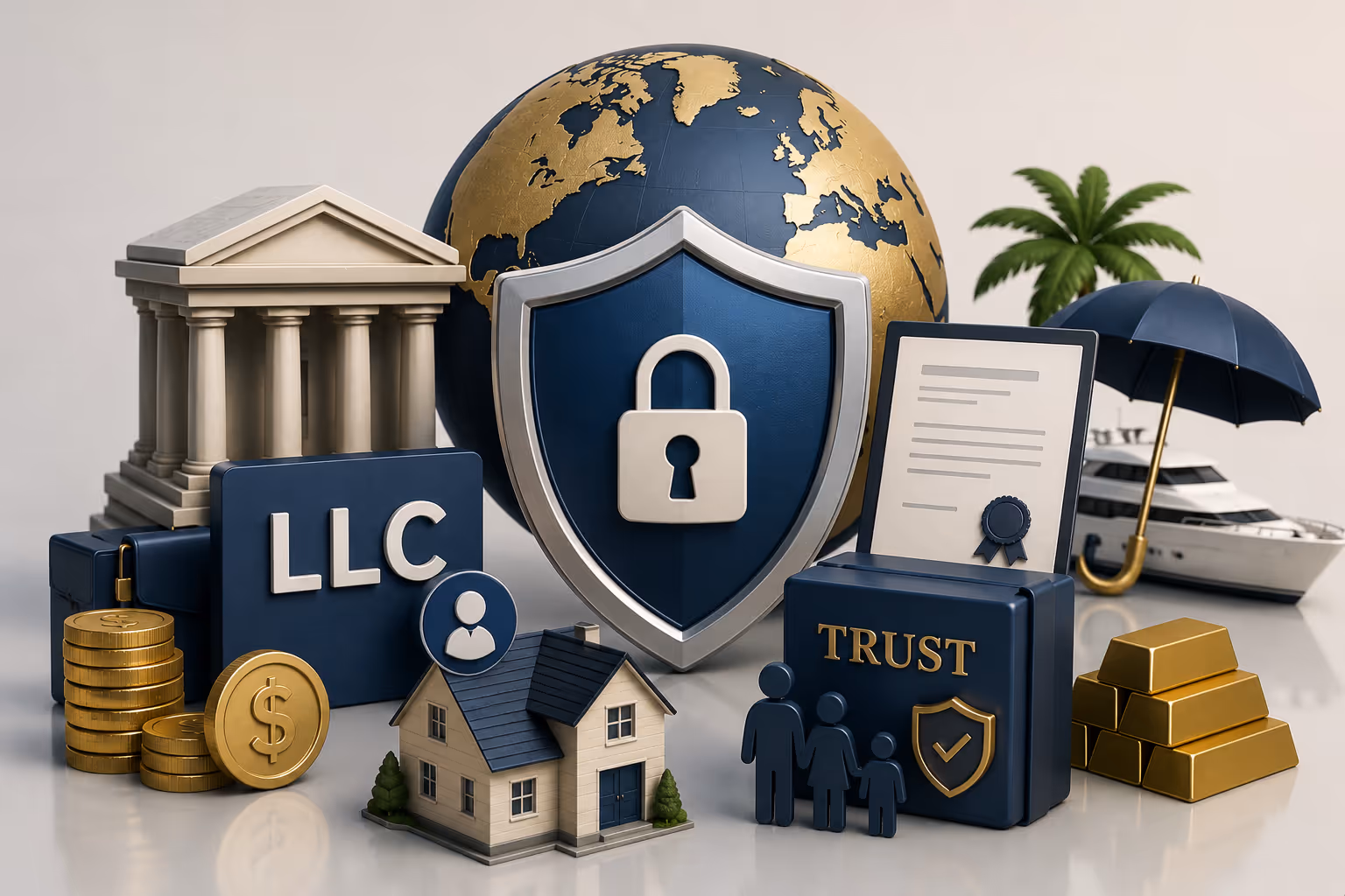 Escudo protector sobre un portafolio de inversiones: bienes raíces, acciones, bonos, criptoactivos y cuentas internacionales
