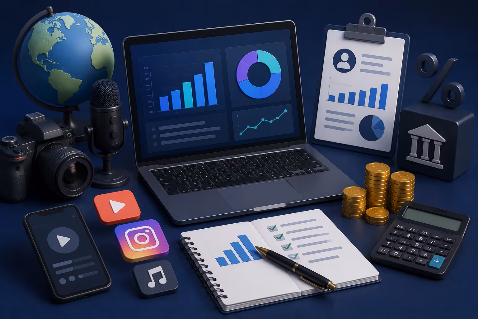Dispositivos digitales con gráficos financieros y monedas virtuales
