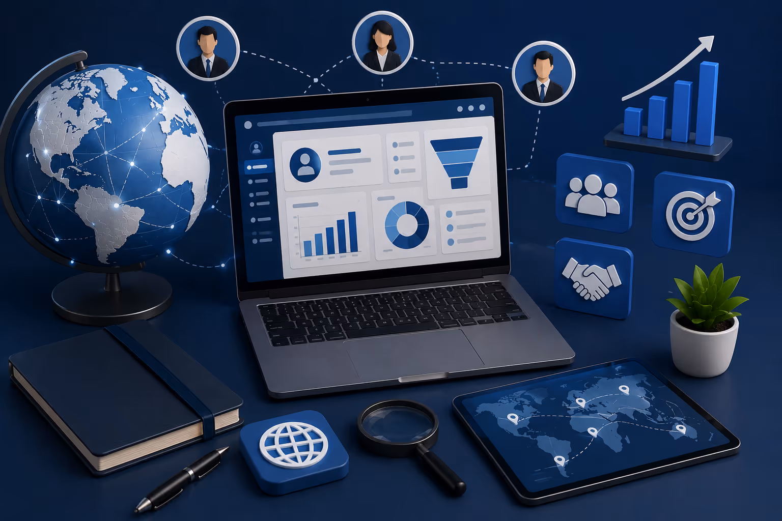 Dashboard CRM global mostrando pipelines multimoneda, mapa de leads internacionales y flujos de ventas transfronterizos