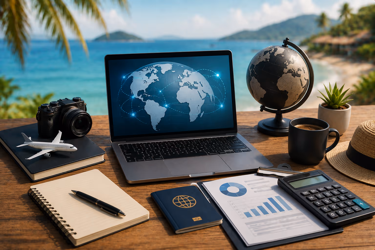 Nómada digital trabajando en una playa con computadora portátil