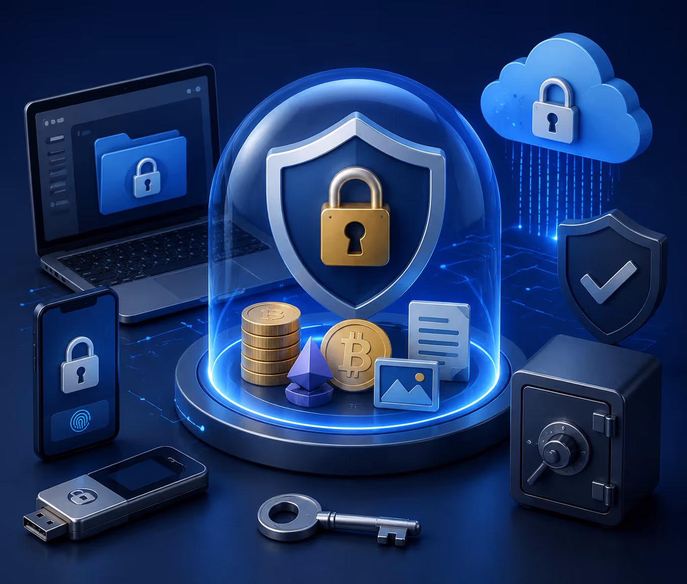 Escudo digital protegiendo iconos de activos como código, marcas, dominios, datos y criptomonedas