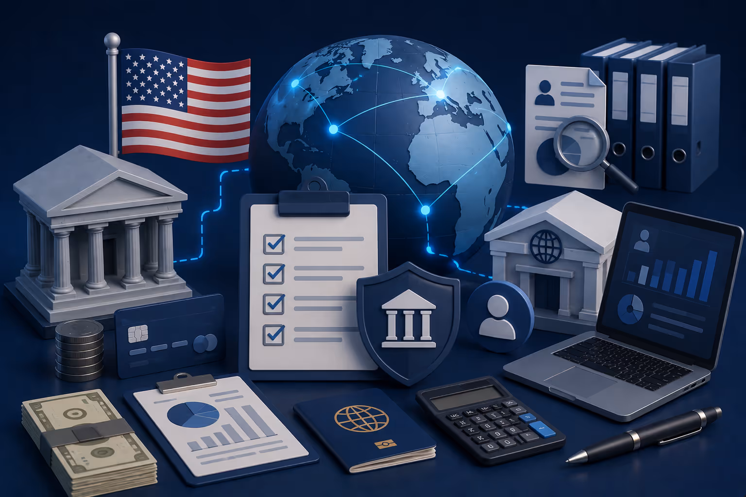 Documentos fiscales internacionales con banderas de varios países